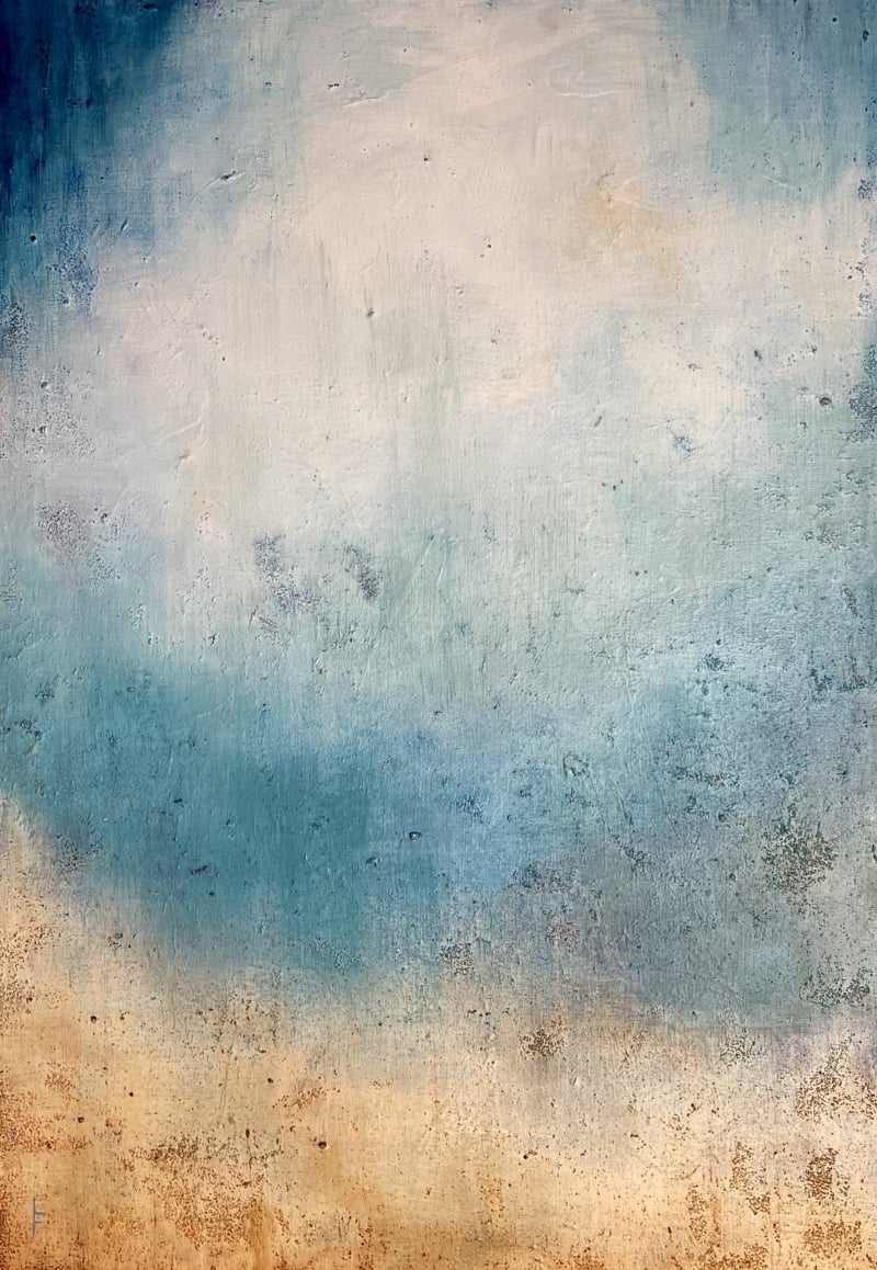Abstract painting with soft blue, white, and sandy ochre tones and a layered textured surface