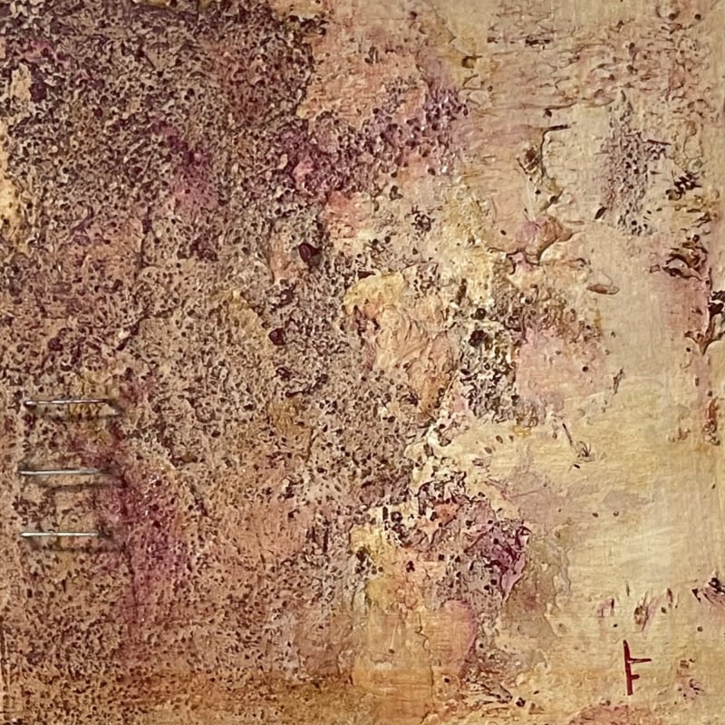 Abstract painting with warm ochre, blush, and earthy tones and a textured surface