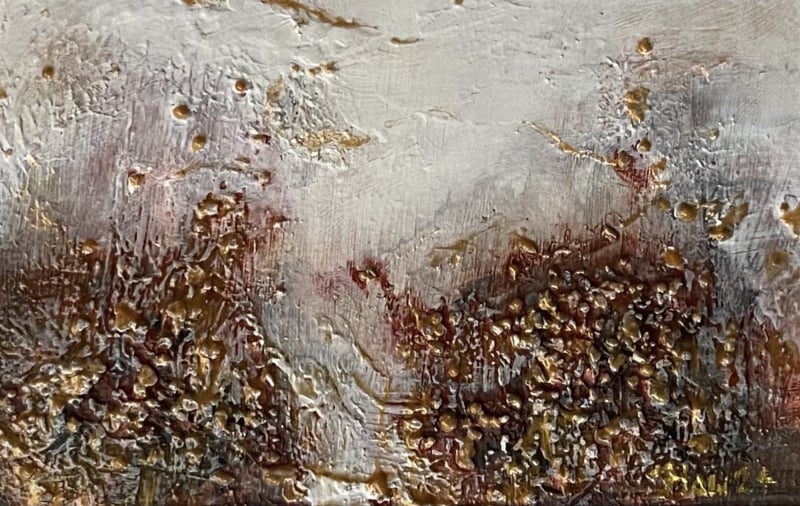 Abstract painting with dense earthy textures and layered neutral and brown tones