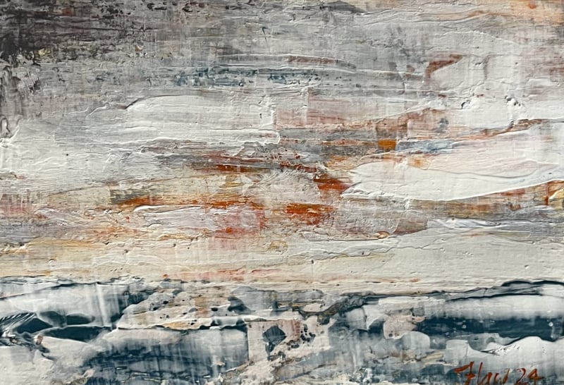 Abstract painting with layered coastal tones of white, blue, and warm sand with textured surface detail